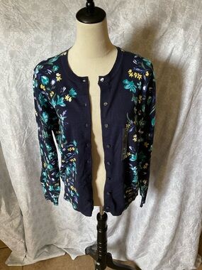 Karen Scott Navy Floral Button-Front Cardigan